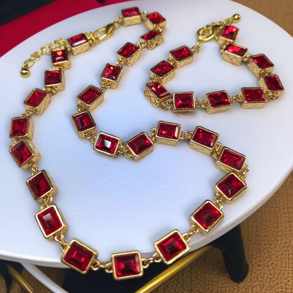 Red Crystal Gold-Plate Necklace and Bracelet Set